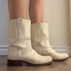 CHANEL White Suede Western Cowboy Boots